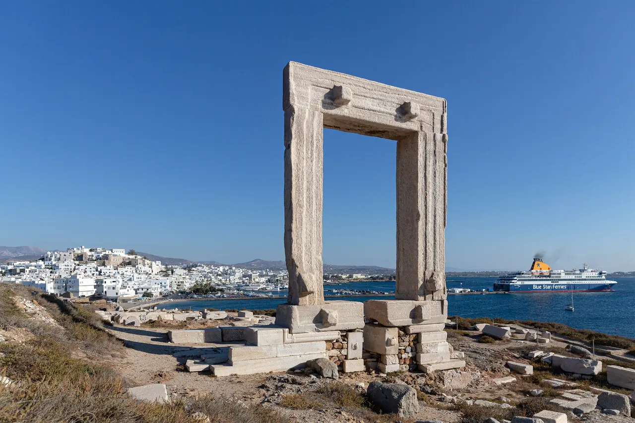 Portara with Blue Star Ferries' Delos
